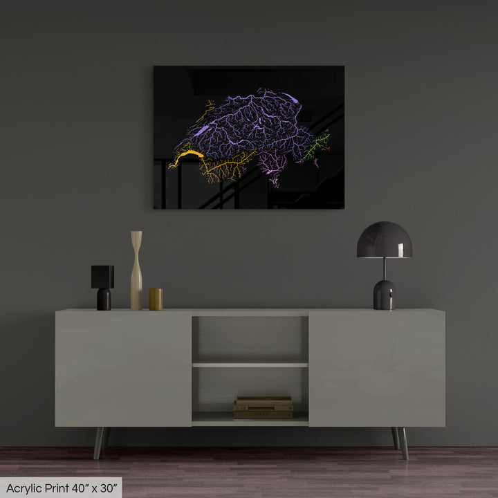 Switzerland - River basin map, rainbow colours - Wall Art