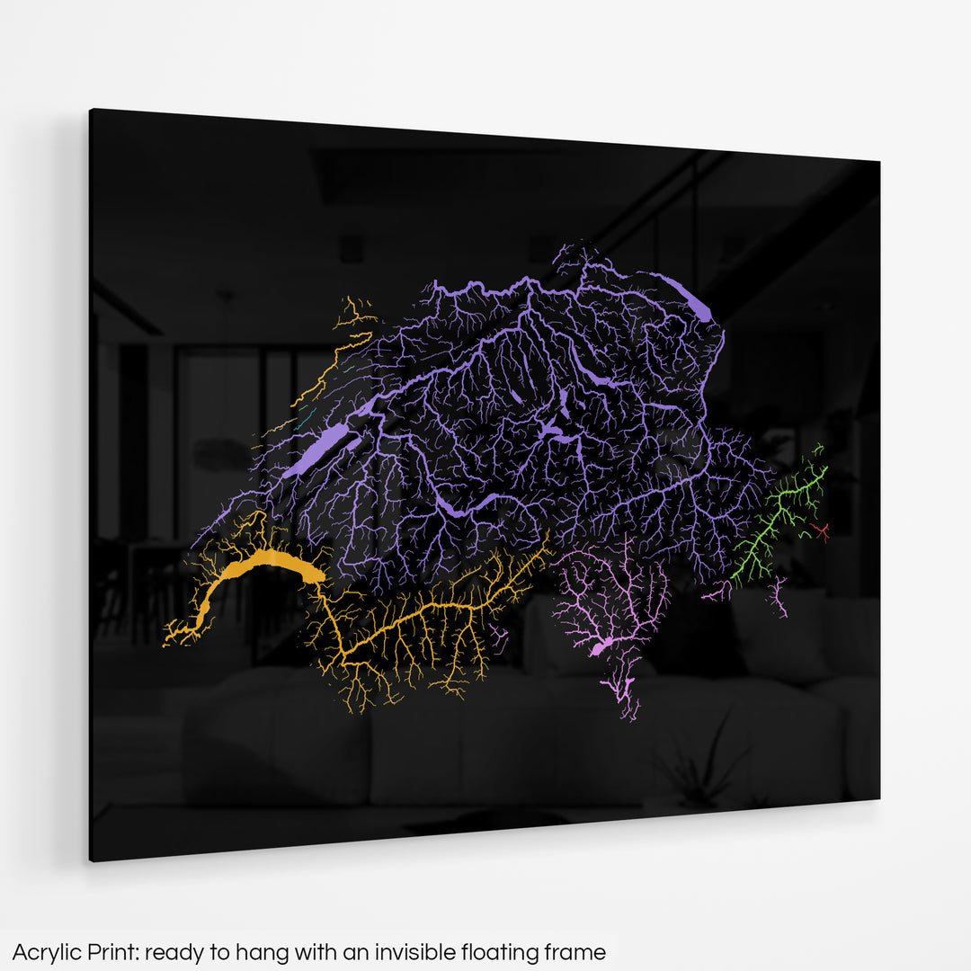 Switzerland - River basin map, rainbow colours - Wall Art