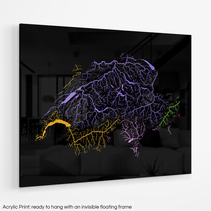 Switzerland - River basin map, rainbow colours - Wall Art