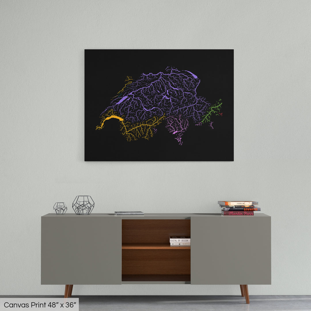 Switzerland - River basin map, rainbow colours - Wall Art