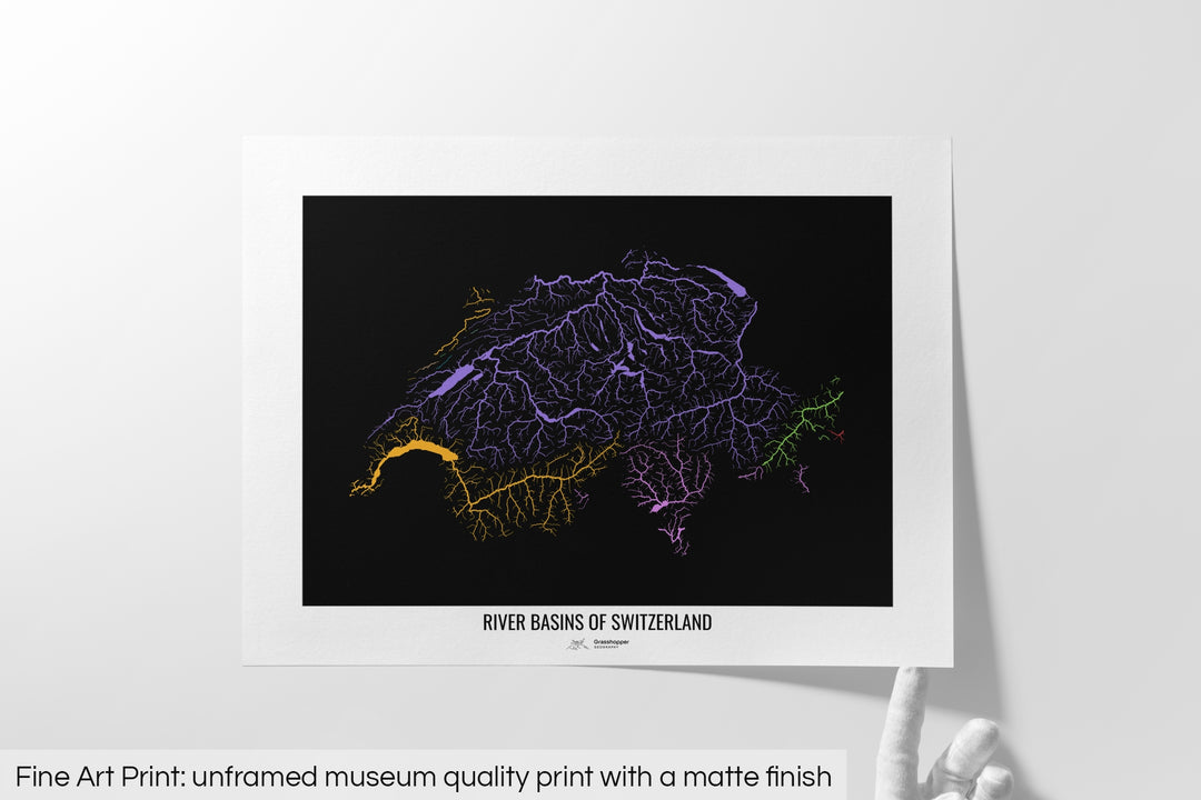 Switzerland - River basin map, rainbow colours - Wall Art