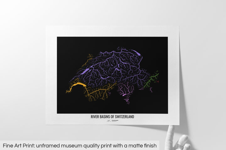 Switzerland - River basin map, rainbow colours - Wall Art