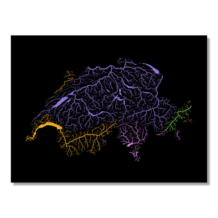 Switzerland - River basin map, rainbow colours - Wall Art