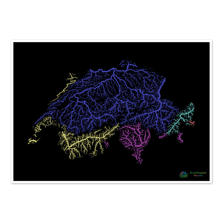 Suiza - Mapa de la cuenca fluvial, arco iris sobre negro - Impresión de Bellas Artes