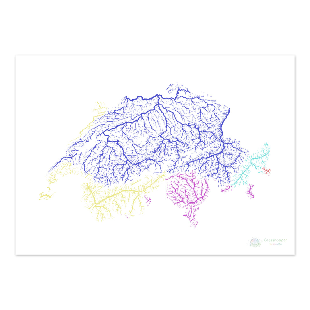 Suiza - Mapa de la cuenca fluvial, arco iris sobre blanco - Impresión de Bellas Artes