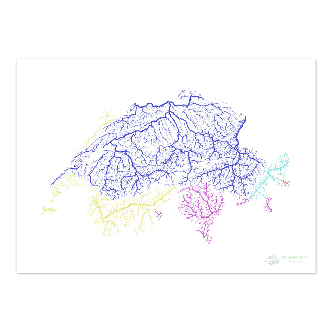 Switzerland - River basin map, rainbow on white - Fine Art Print