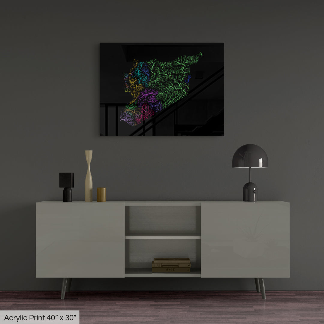 Syria - River basin map, rainbow colours - Wall Art
