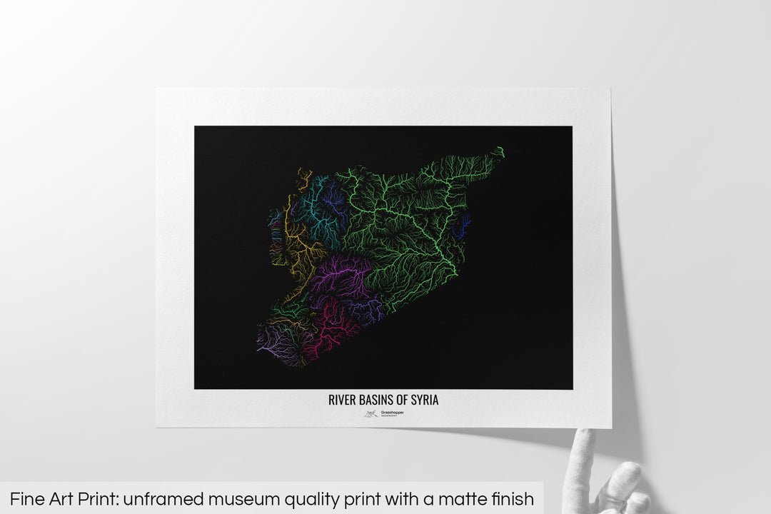 Syria - River basin map, rainbow colours - Wall Art