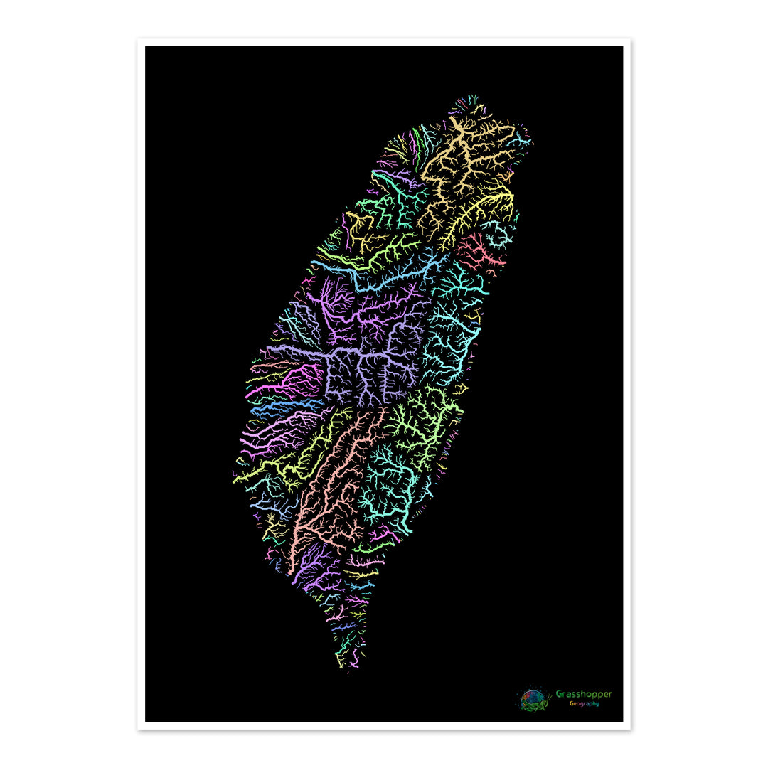 Taiwan - Flussgebietskarte, Pastell auf Schwarz - Fine Art Print