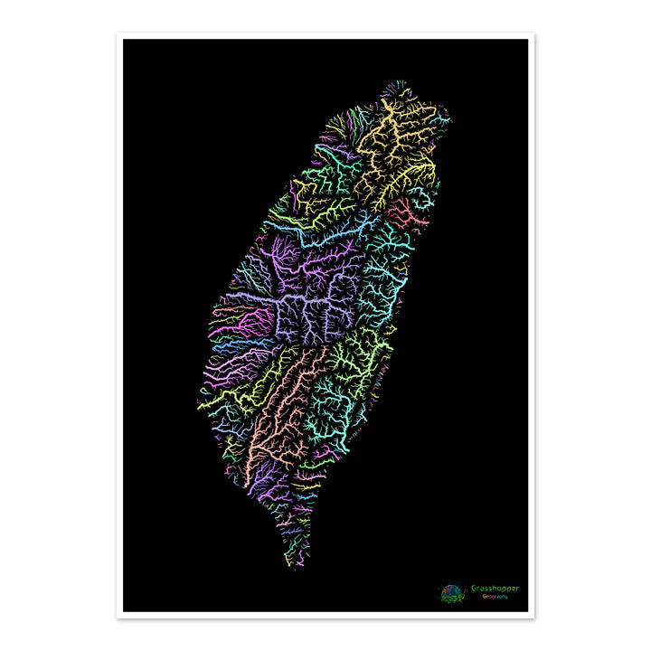Taiwán - Mapa de la cuenca fluvial, pastel sobre negro - Impresión de Bellas Artes