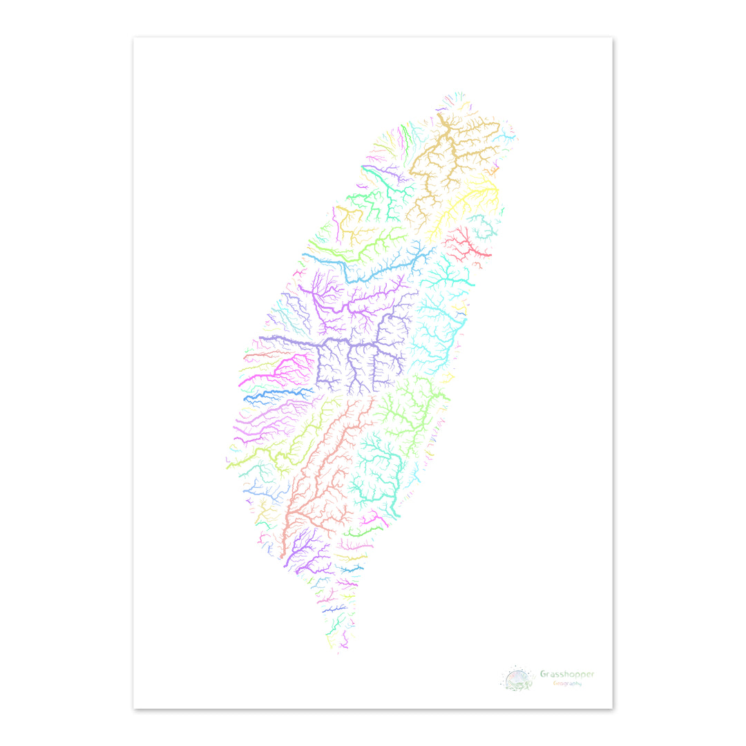 Taïwan - Carte des bassins fluviaux, pastel sur blanc - Fine Art Print