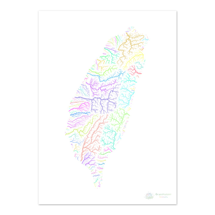 Taiwán - Mapa de la cuenca fluvial, pastel sobre blanco - Impresión de Bellas Artes