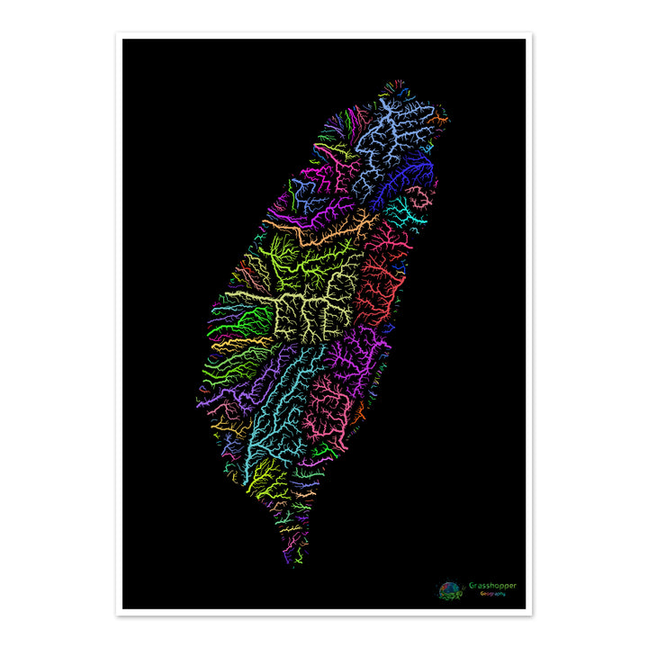 Taiwan - River basin map, rainbow on black - Fine Art Print