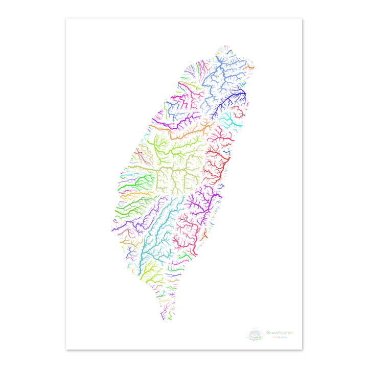 Taiwán - Mapa de la cuenca fluvial, arco iris sobre blanco - Impresión de bellas artes