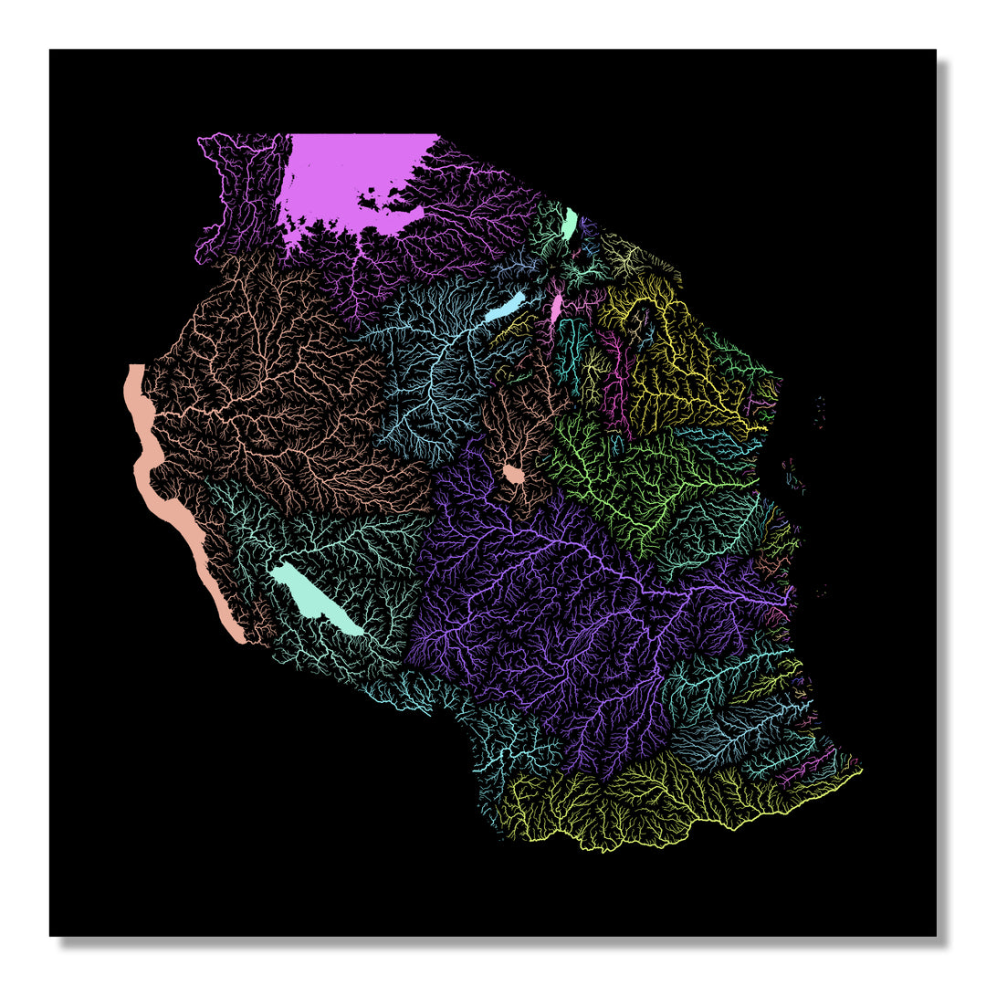 Tanzania - River basin map, pastel colours - Wall Art