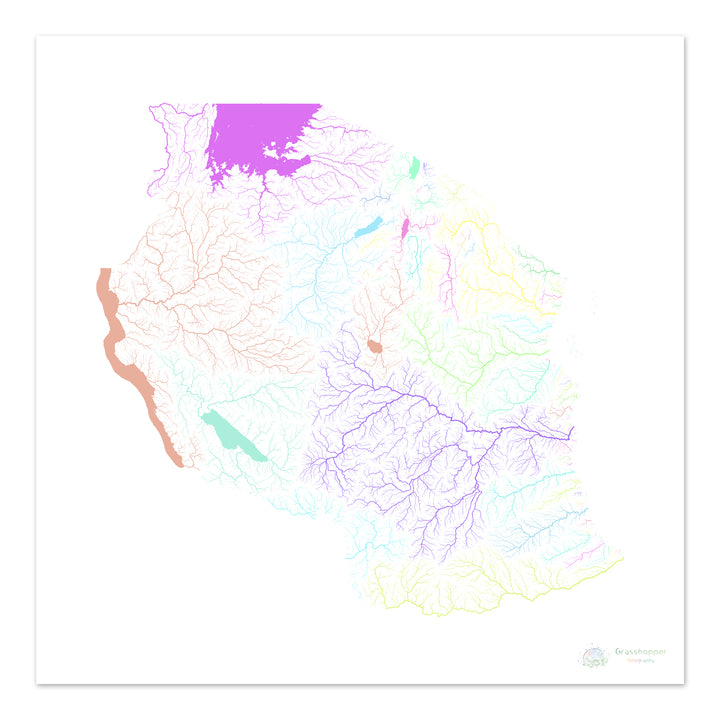 Tanzanie - Carte des bassins fluviaux, pastel sur blanc - Fine Art Print