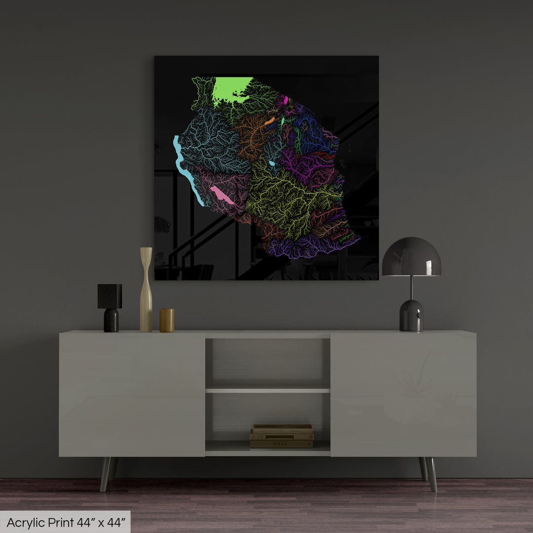 Tanzania - River basin map, rainbow colours - Wall Art