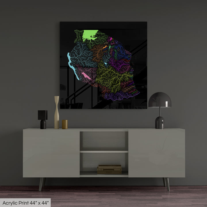 Tanzania - River basin map, rainbow colours - Wall Art