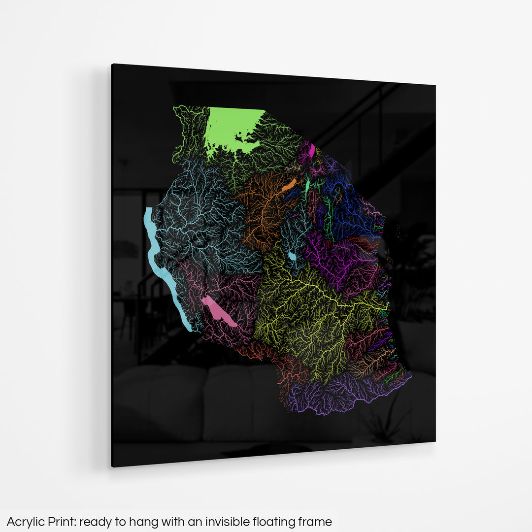 Tanzania - River basin map, rainbow colours - Wall Art