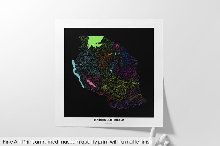 Tanzania - River basin map, rainbow colours - Wall Art