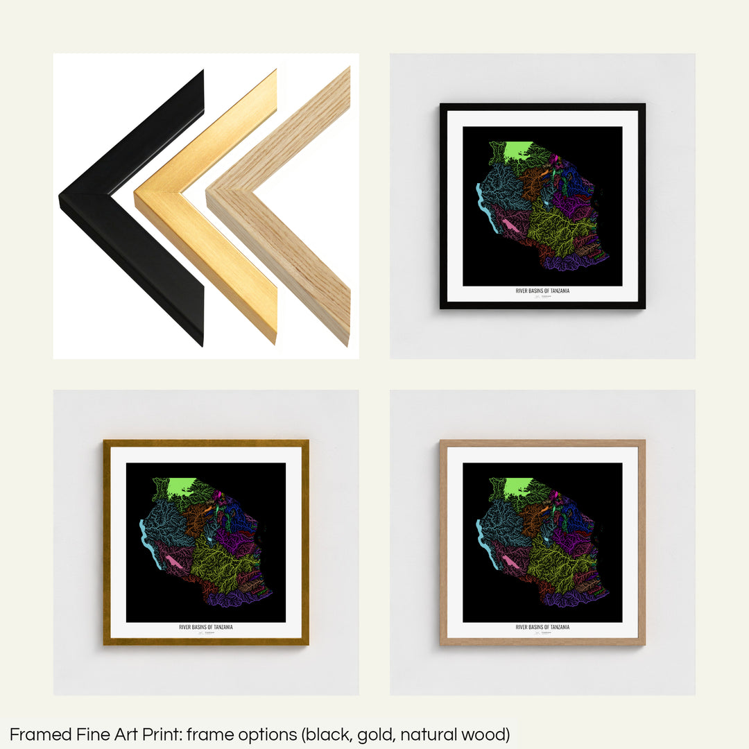 Tanzania - River basin map, rainbow colours - Wall Art