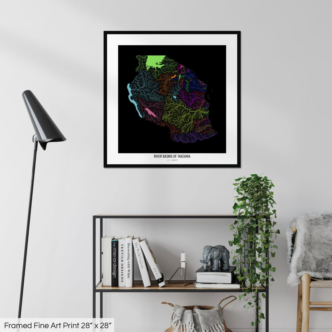 Tanzania - River basin map, rainbow colours - Wall Art