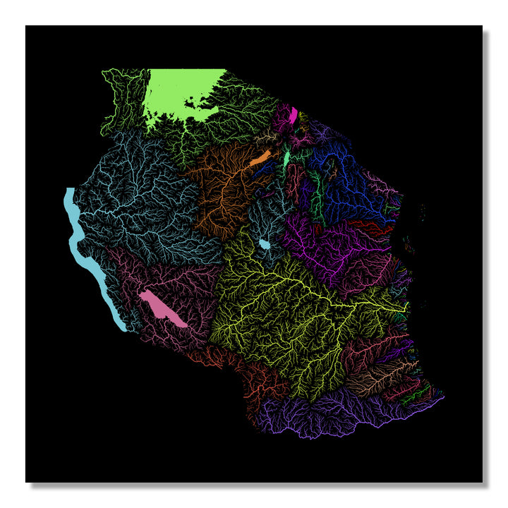 Tanzania - River basin map, rainbow colours - Wall Art