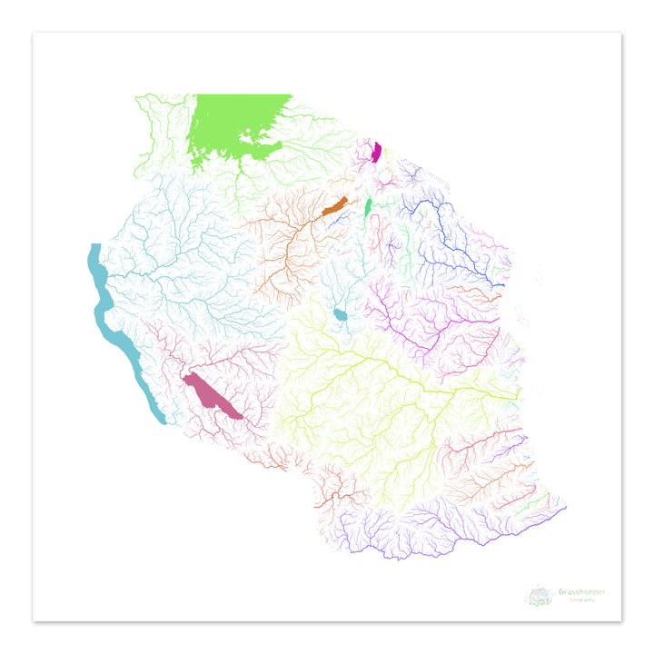 Tanzania - Mapa de la cuenca fluvial, arco iris sobre blanco - - Impresión de bellas artes
