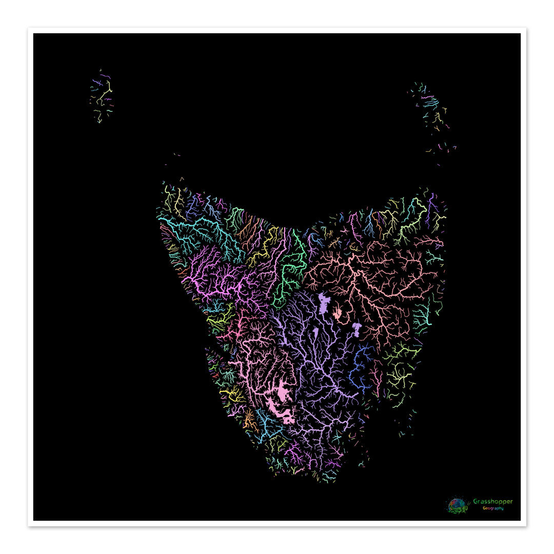 River basin map of Tasmania, pastel colours on black - Fine Art Print