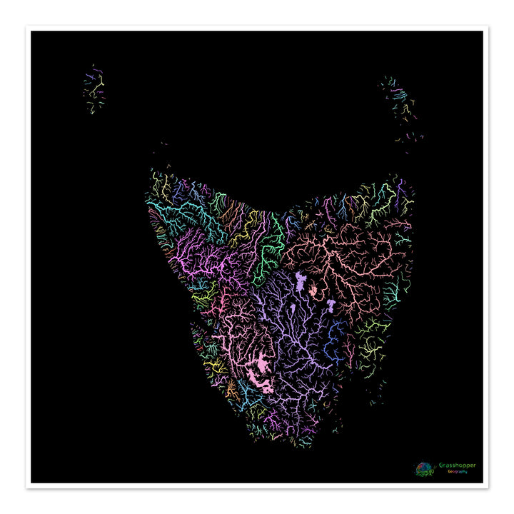 Tasmania - Mapa de la cuenca fluvial, pastel sobre negro - Impresión de Bellas Artes