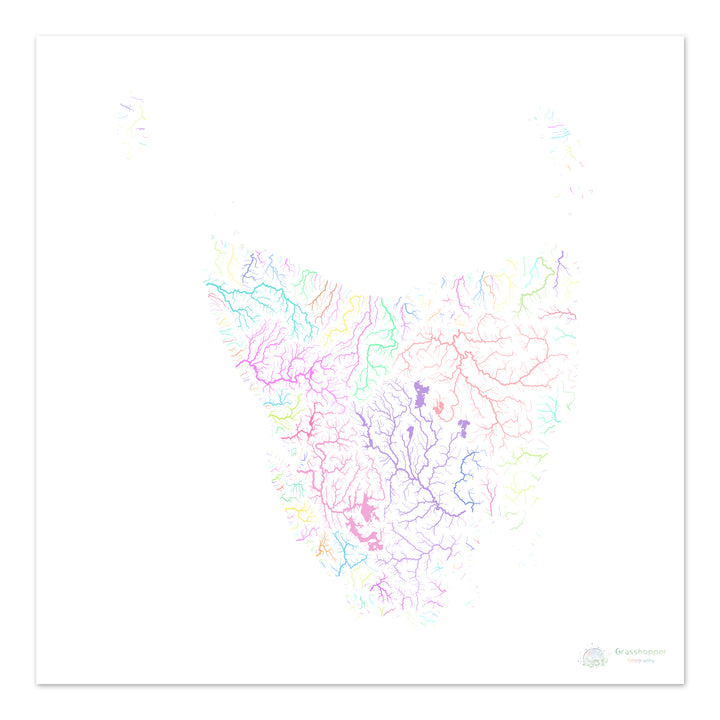 Tasmania - Mapa de la cuenca fluvial, pastel sobre blanco - Impresión de bellas artes