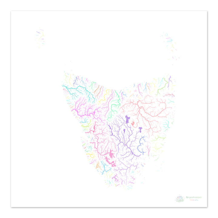 Tasmânia - Mapa da bacia hidrográfica, pastel sobre branco - Impressão de belas artes