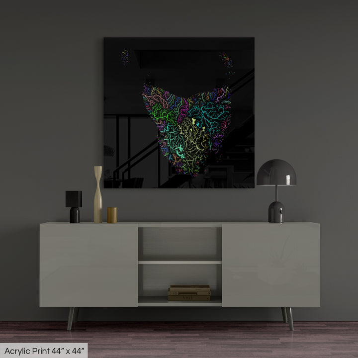 Tasmania - River basin map, rainbow colours - Wall Art