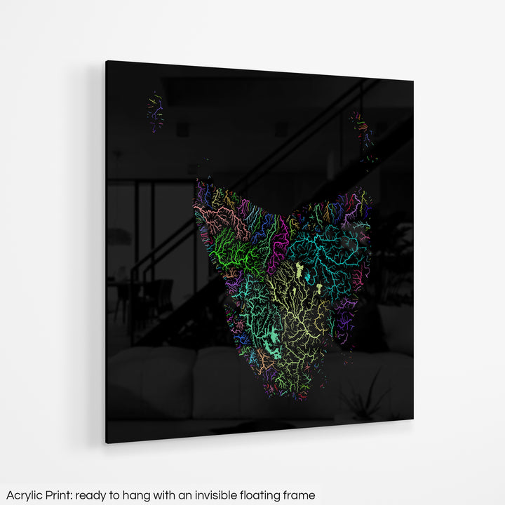 Tasmania - River basin map, rainbow colours - Wall Art