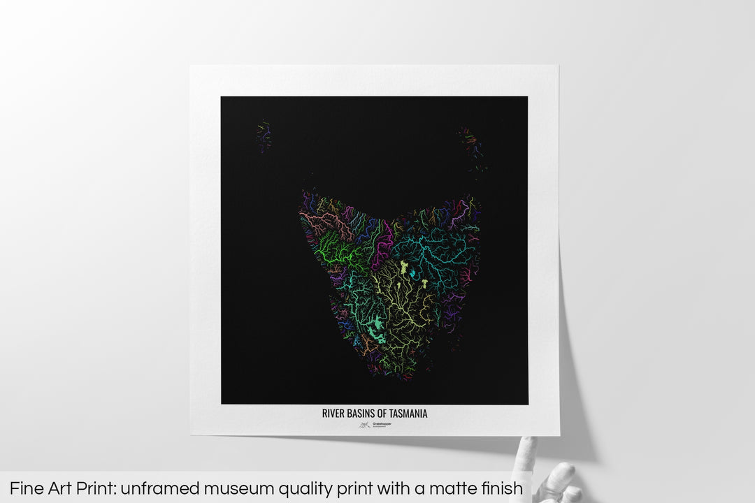 Tasmania - River basin map, rainbow colours - Wall Art