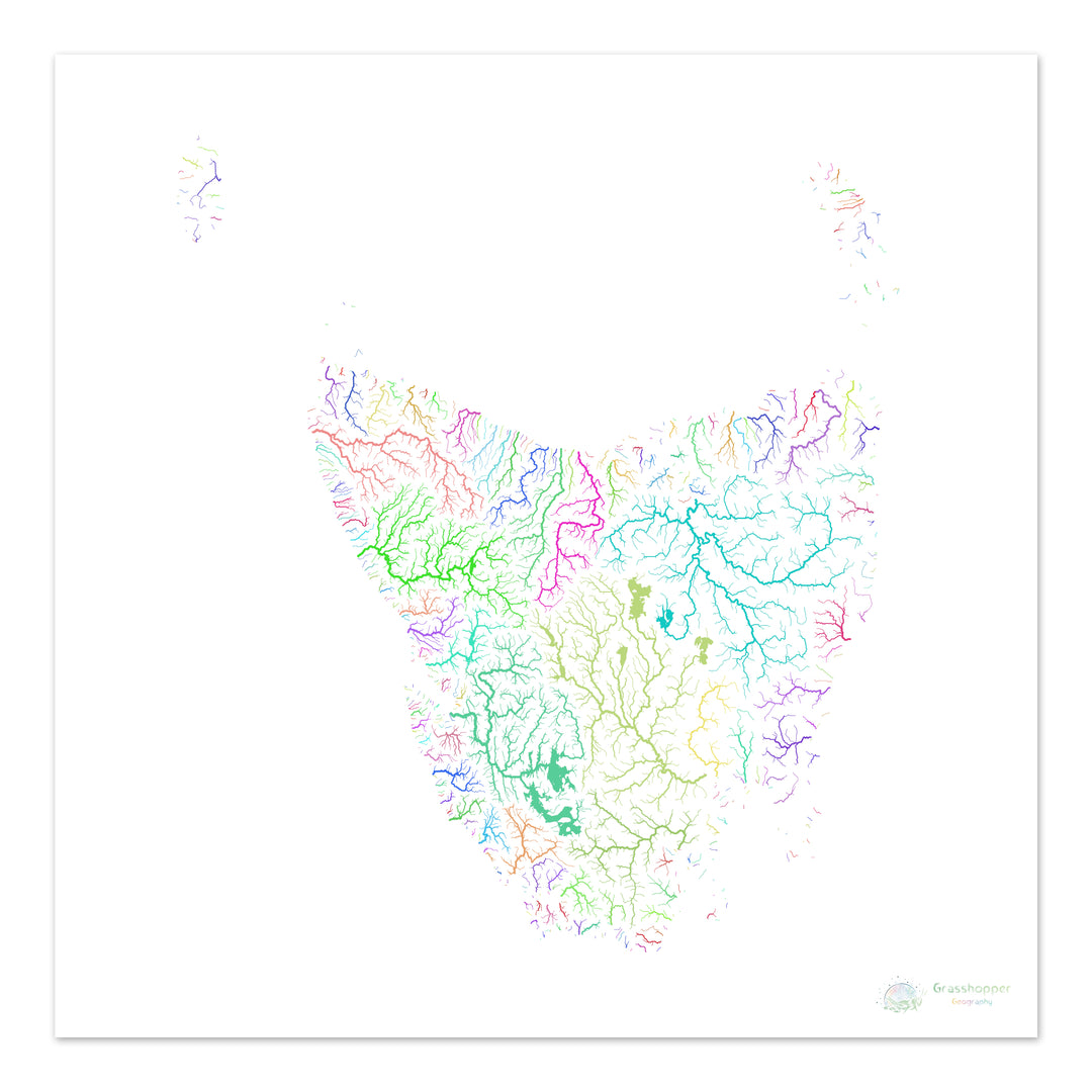 Tasmania - Mapa de la cuenca fluvial, arco iris sobre blanco - Impresión de bellas artes