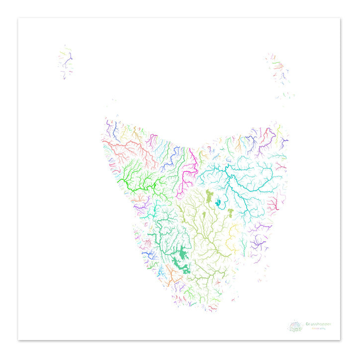 Tasmanie - Carte du bassin fluvial, arc-en-ciel sur blanc - Fine Art Print