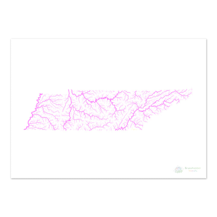 Tennessee - Carte du bassin fluvial, pastel sur blanc - Fine Art Print