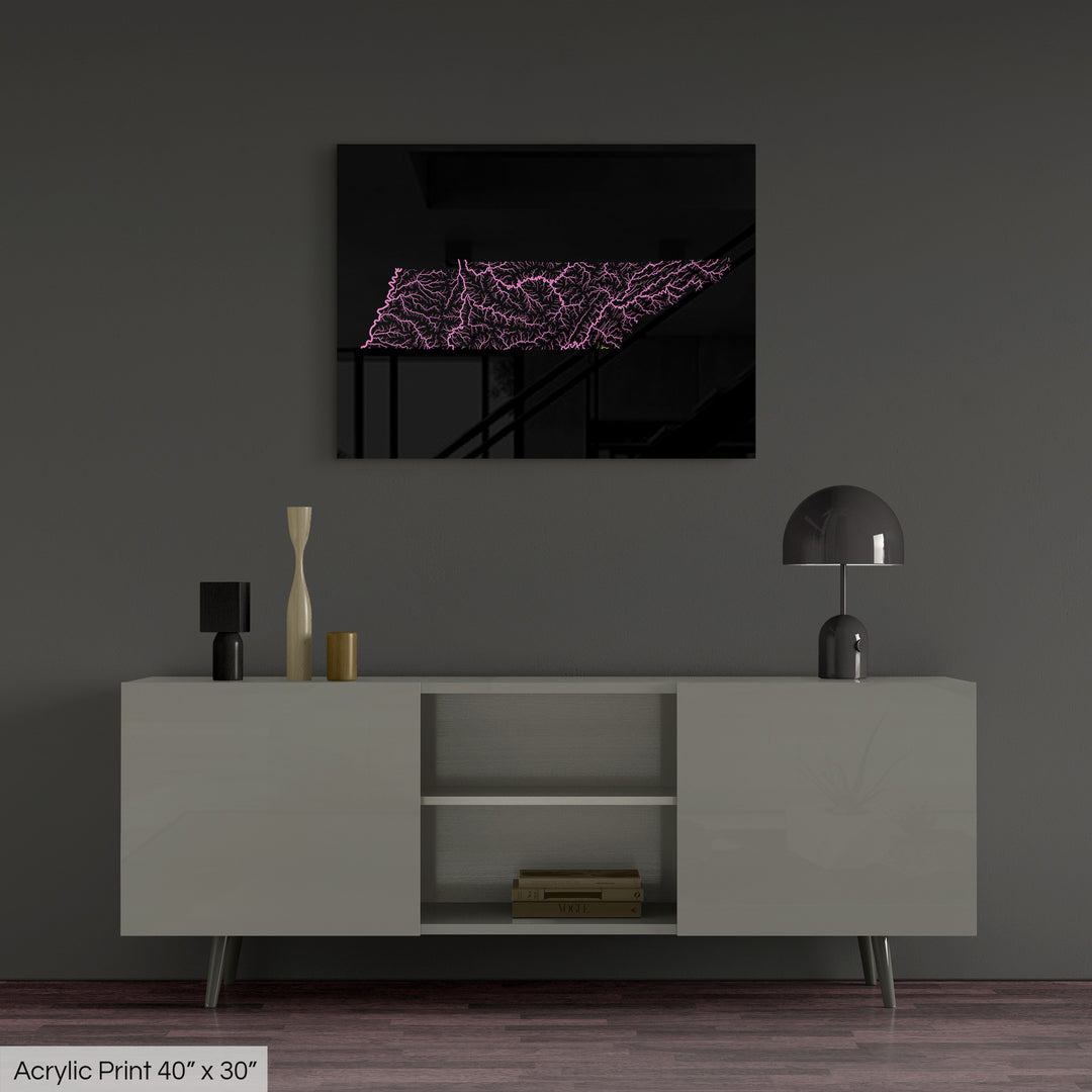 Tennessee - River basin map, rainbow colours - Wall Art