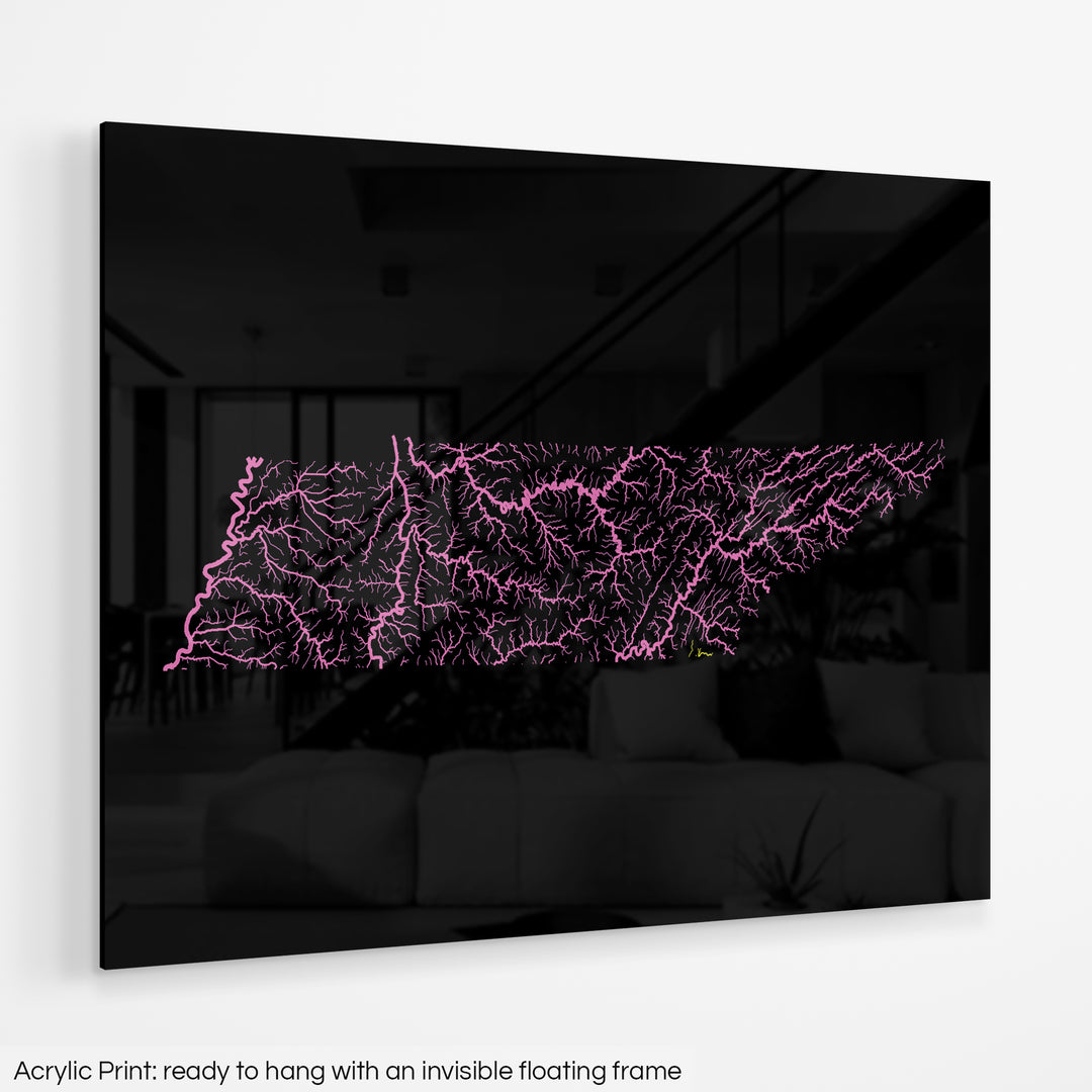 Tennessee - River basin map, rainbow colours - Wall Art