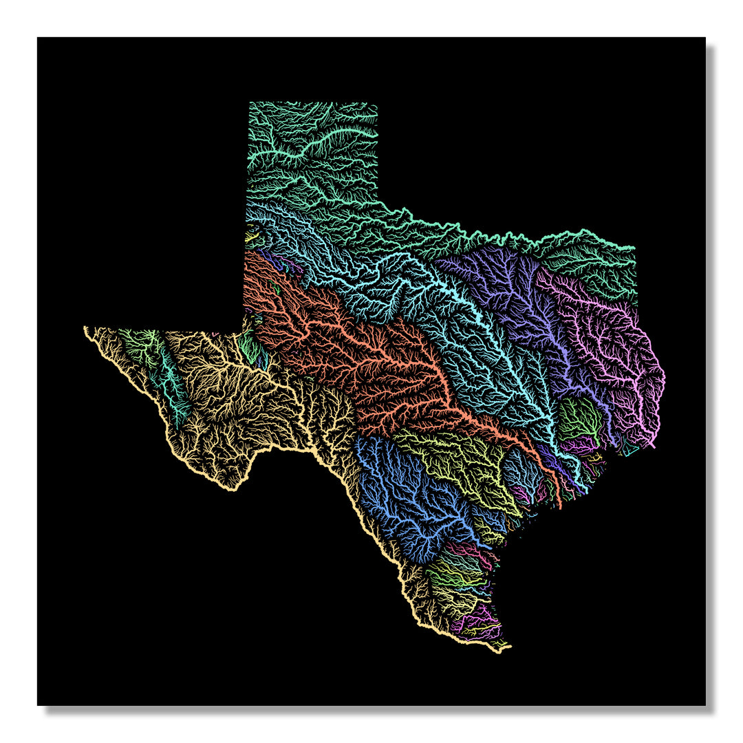 Texas - River basin map, pastel colours - Wall Art