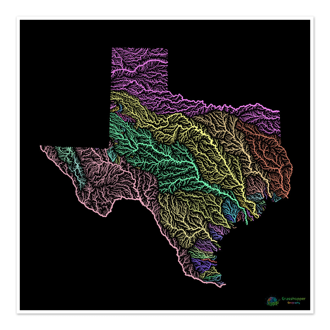 Texas - Carte des bassins fluviaux, pastel sur noir - Fine Art Print