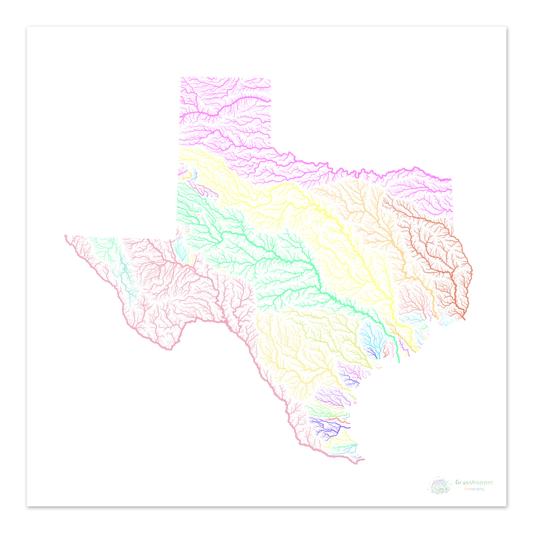 Texas - Mapa de la cuenca fluvial, pastel sobre blanco - Impresión de Bellas Artes