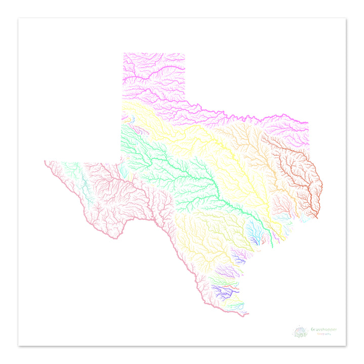 Texas - Carte du bassin fluvial, pastel sur blanc - Fine Art Print