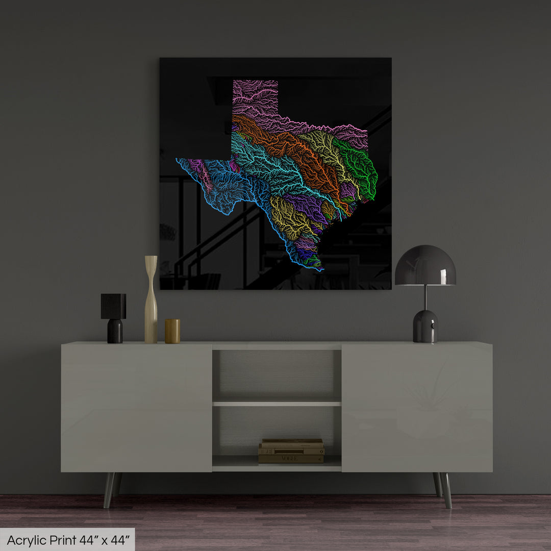 Texas - River basin map, rainbow colours - Wall Art