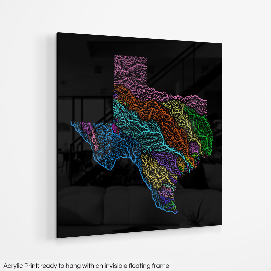 Texas - River basin map, rainbow colours - Wall Art