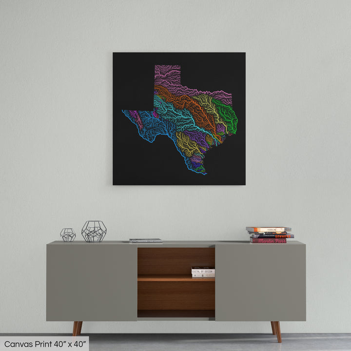 Texas - River basin map, rainbow colours - Wall Art