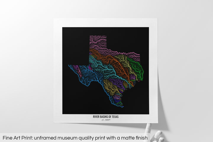 Texas - River basin map, rainbow colours - Wall Art