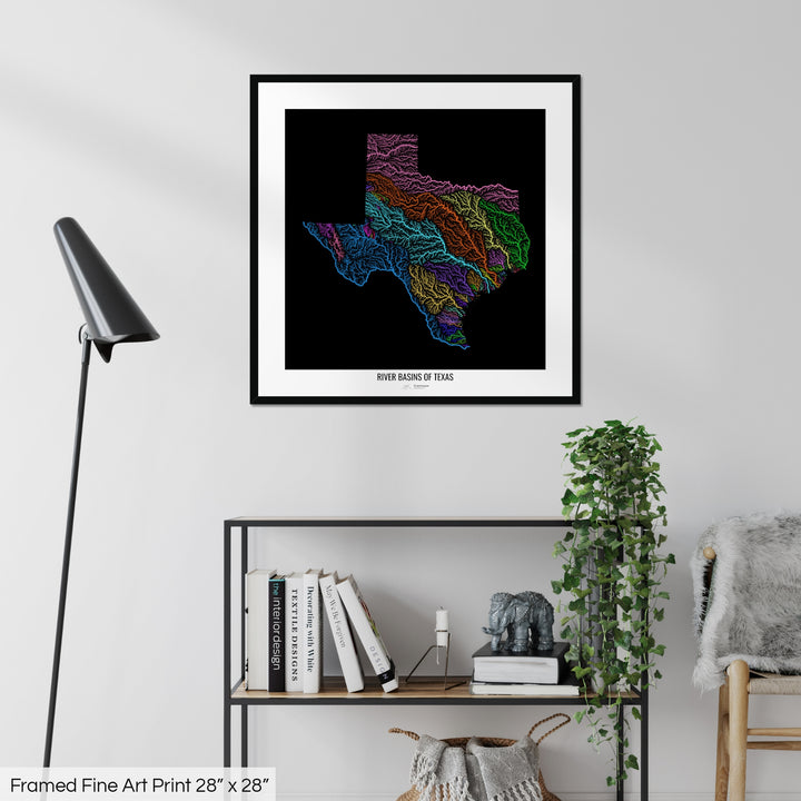 Texas - River basin map, rainbow colours - Wall Art
