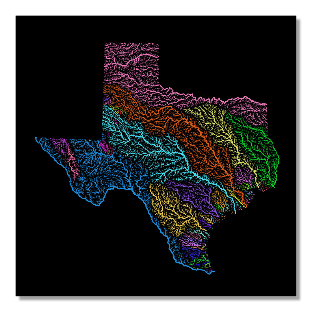 Texas - River basin map, rainbow colours - Wall Art